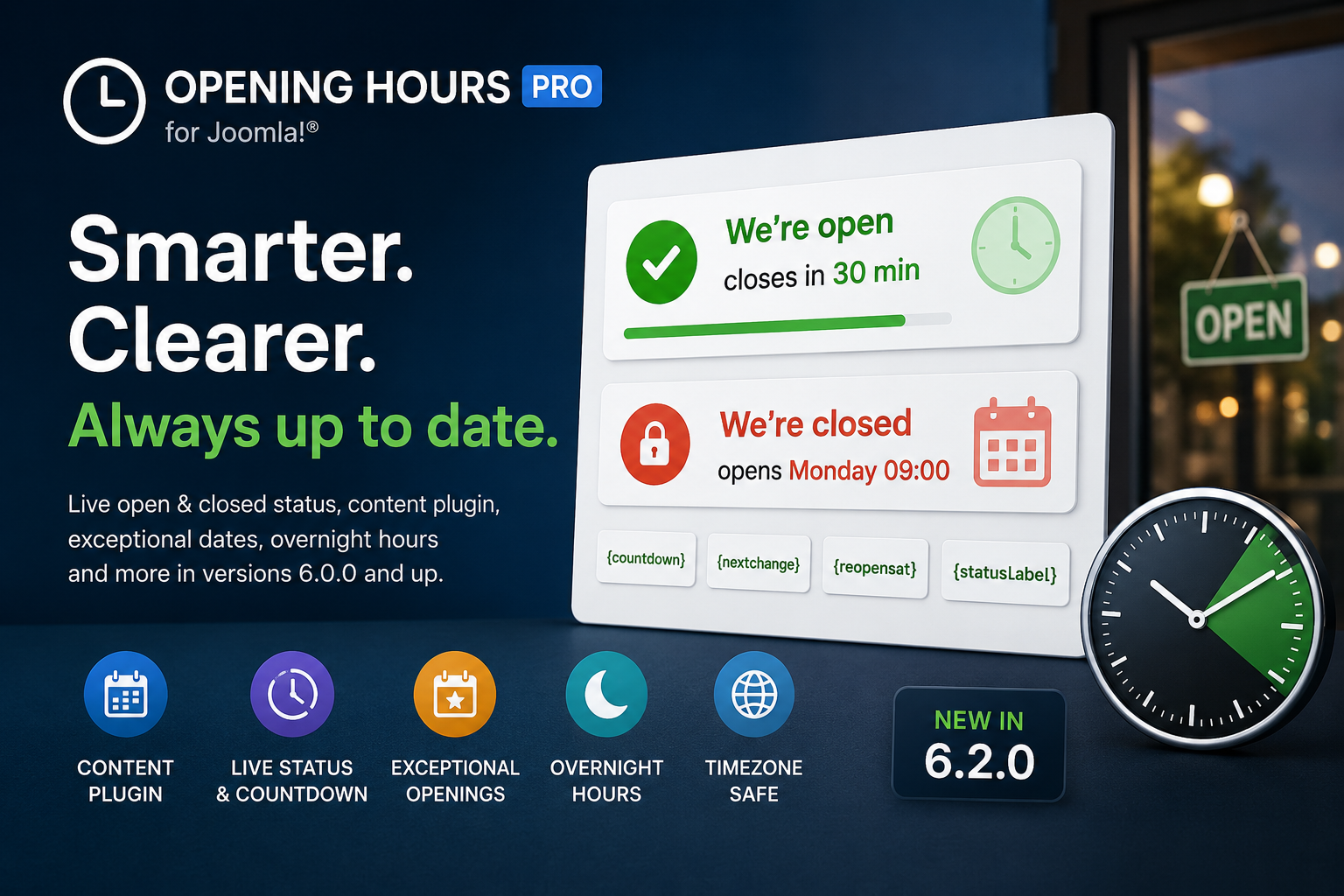 The Opening Hours module adding live open/closed countdowns, a content plugin, overnight hours and more across the 6.x releases.