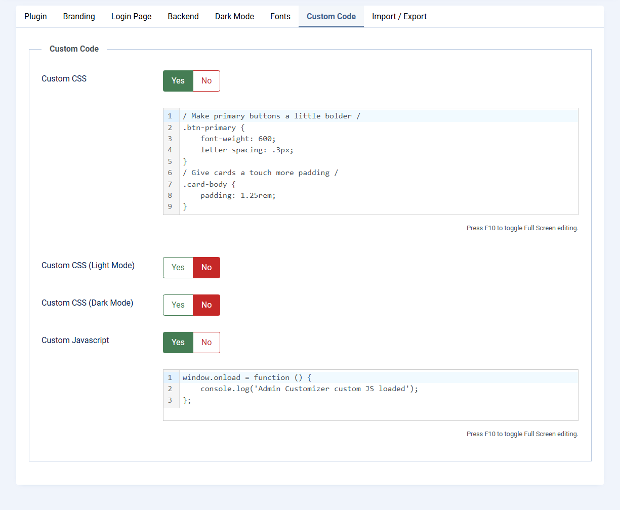 the Custom Code tab with Custom CSS enabled and the code editor open
