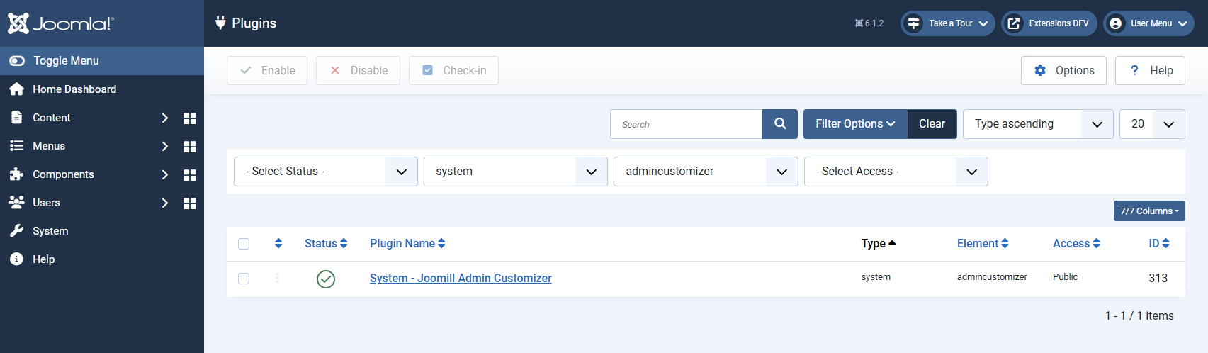 the System → Plugins list filtered on "Admin Customizer", with the plugin row visible.