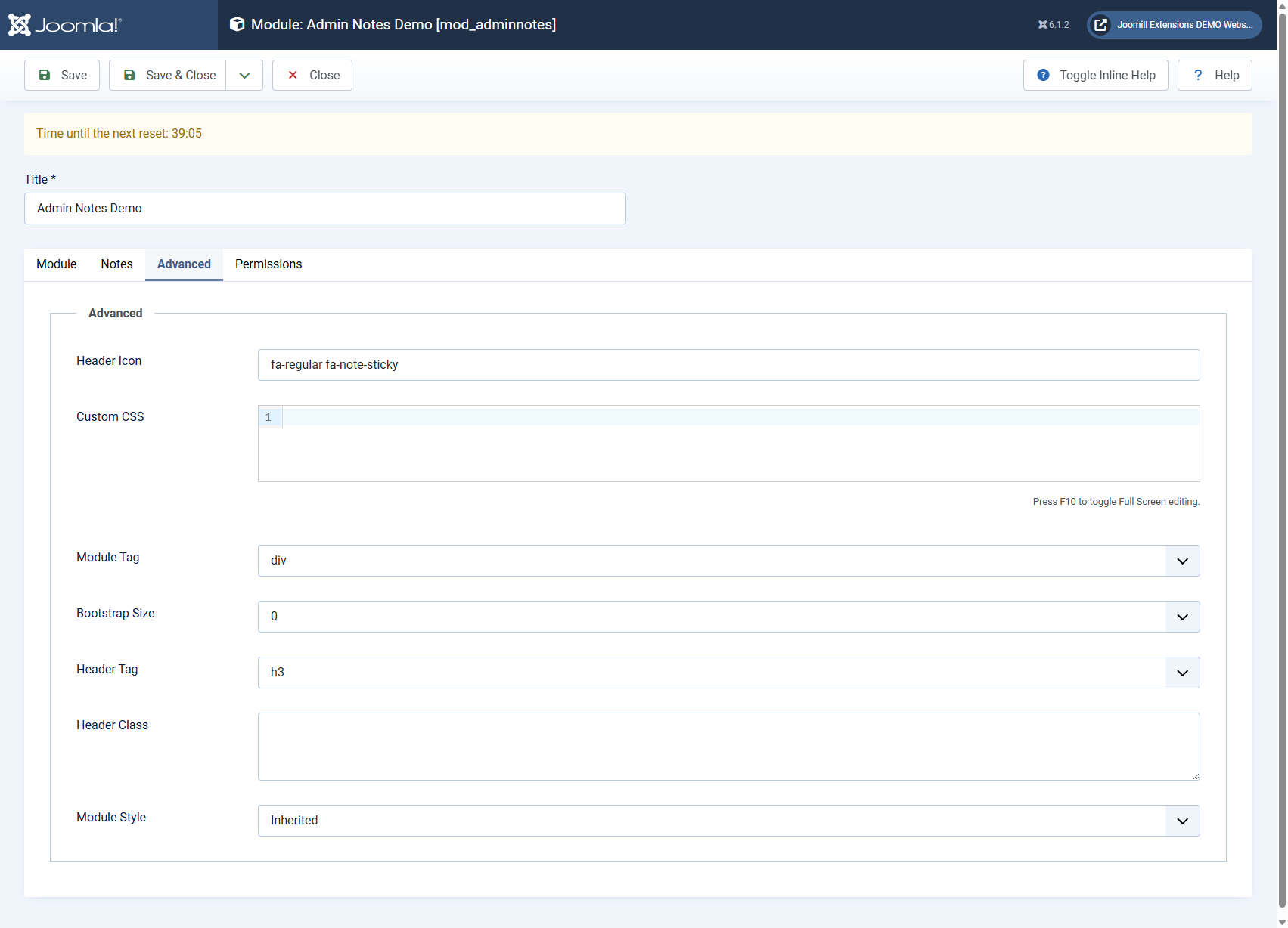 Admin Notes Advanced tab