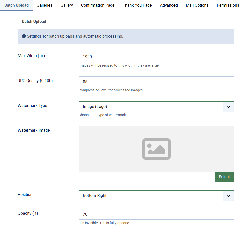 client response gallery options batch upload