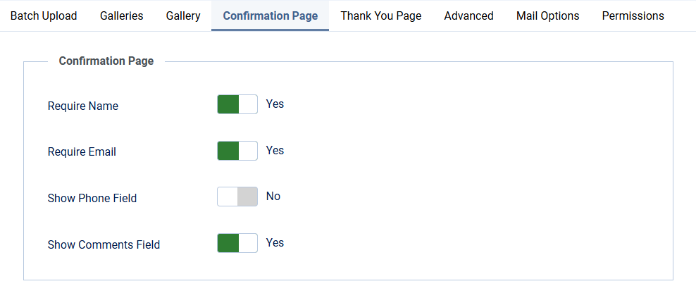 client response gallery options confirmation
