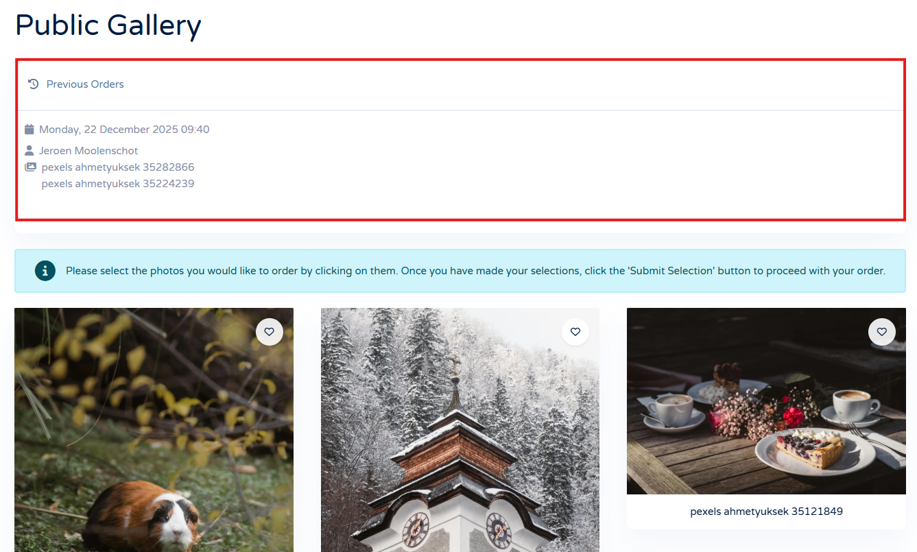 client response gallery options gallery previous orders