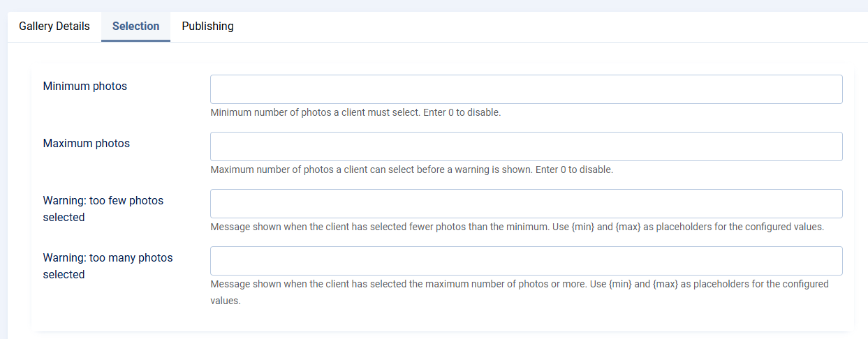 client response gallery options confirmation