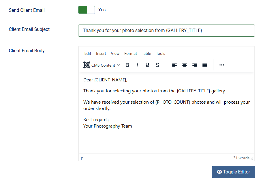 client response gallery options mail client