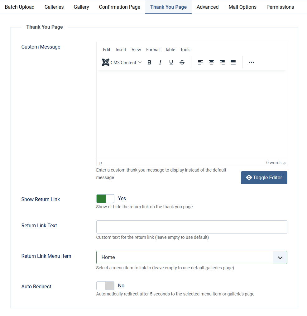 client response gallery options batch upload