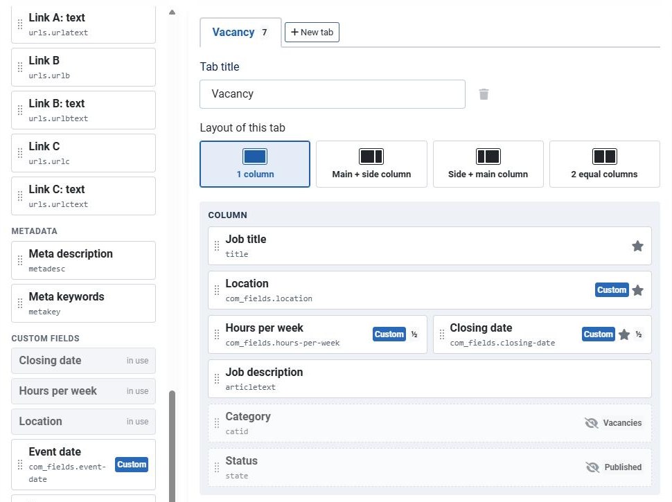 Custom fields in Available fields and placed in the form, two of them at half width