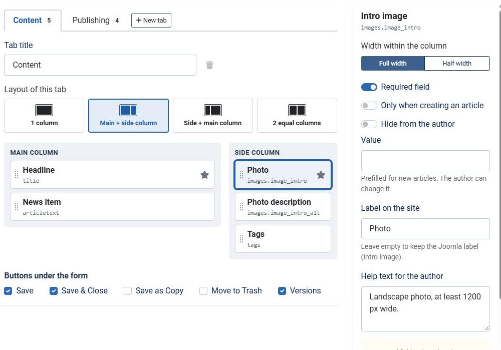 Field settings of the Intro image: required, label Photo and a help text