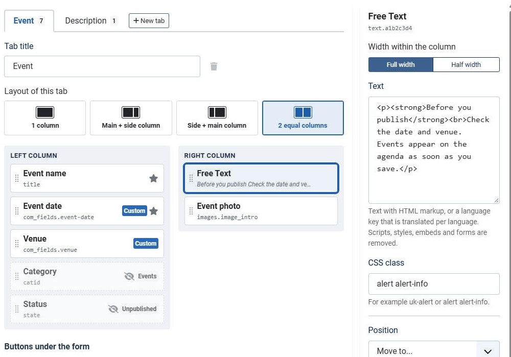 Field settings of a Free Text block with HTML text and a CSS class