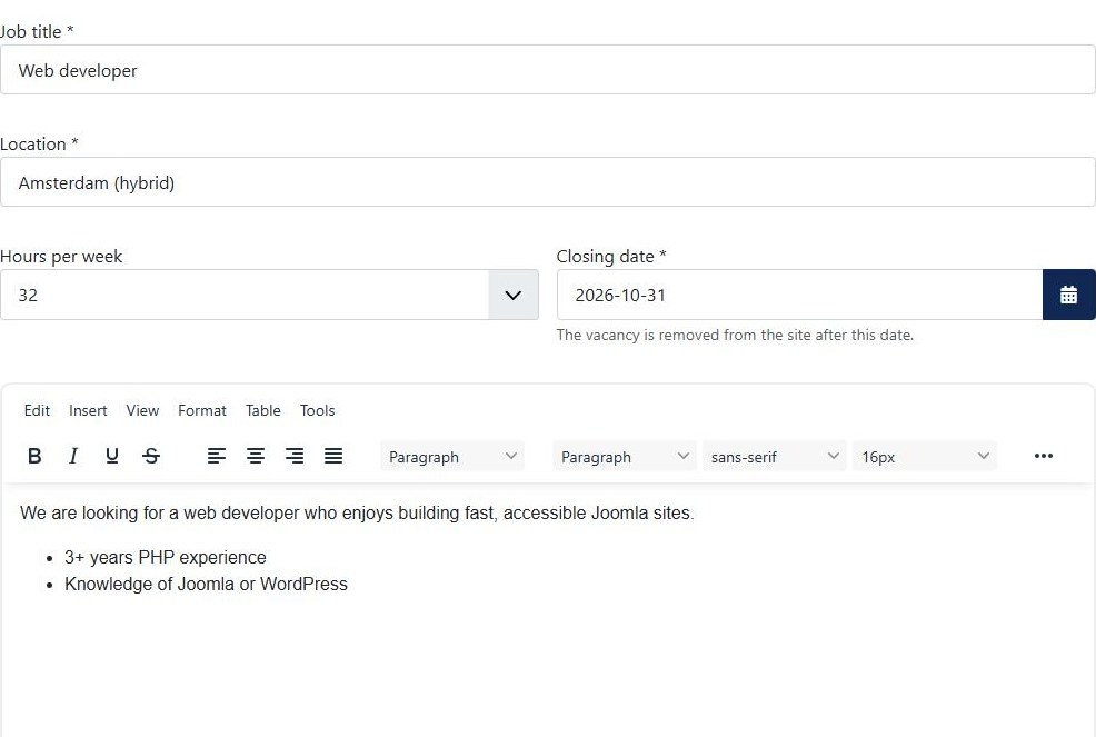 The vacancy form on the site: no category or status field, custom fields at half width