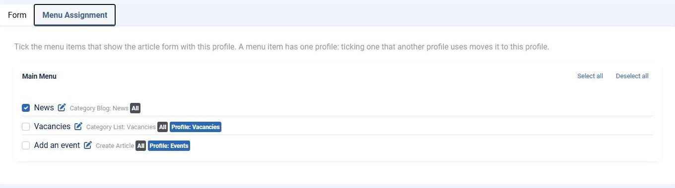 The Menu Assignment tab of a profile, with the profiles other menu items use