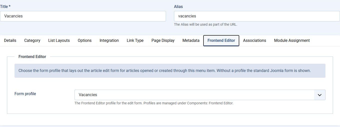 The Frontend Editor tab of a menu item with the Form profile list