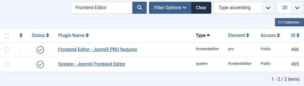 Plugins filtered on Frontend Editor: the system plugin and the PRO features plugin