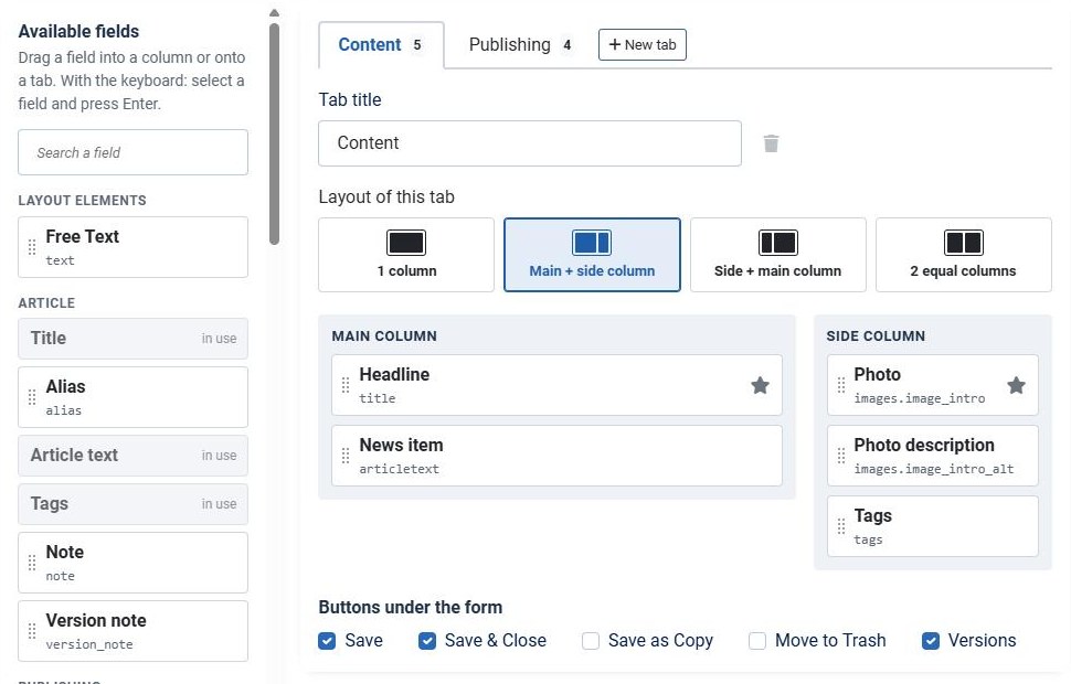 The tab settings: Tab title with the remove icon, and the four layouts of a tab