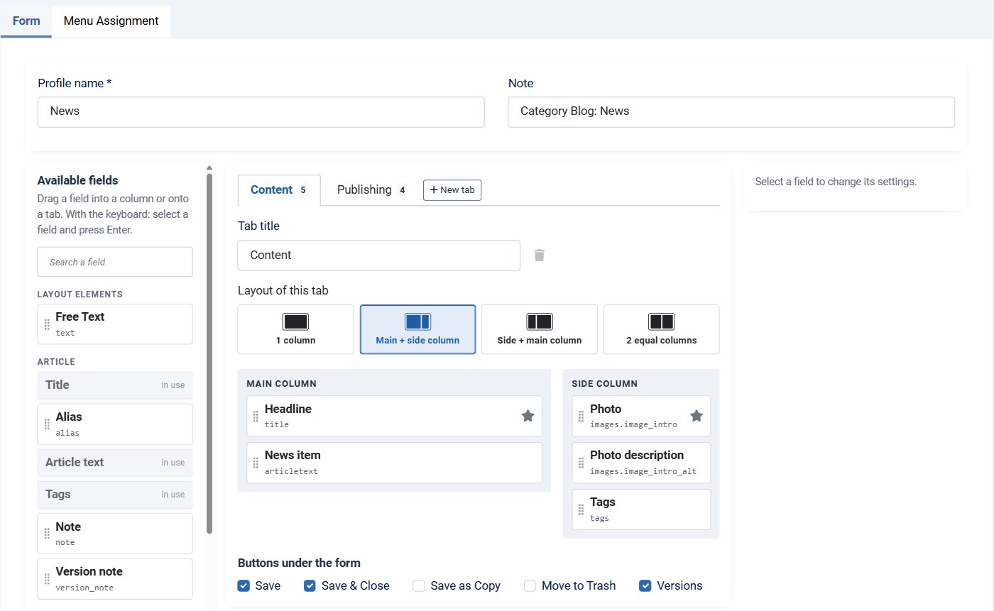 The Form tab of a profile: the profile name, Available fields, the tabs and columns, and the field settings