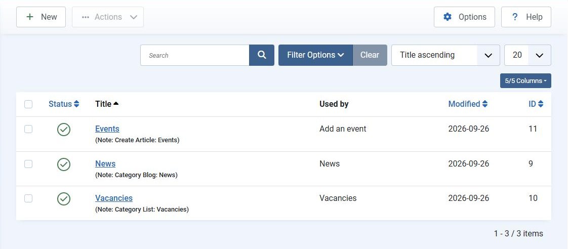 Frontend Editor: Form Profiles, with the menu items that use each profile