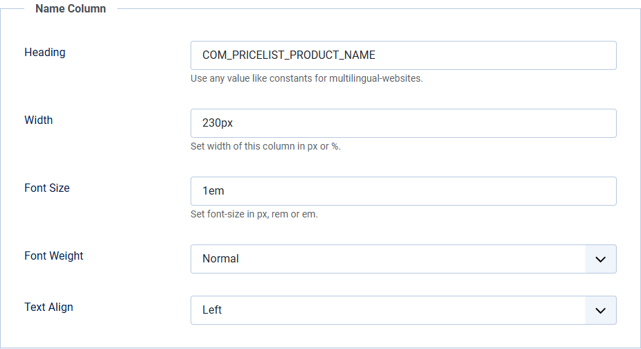 Price List Name Column options