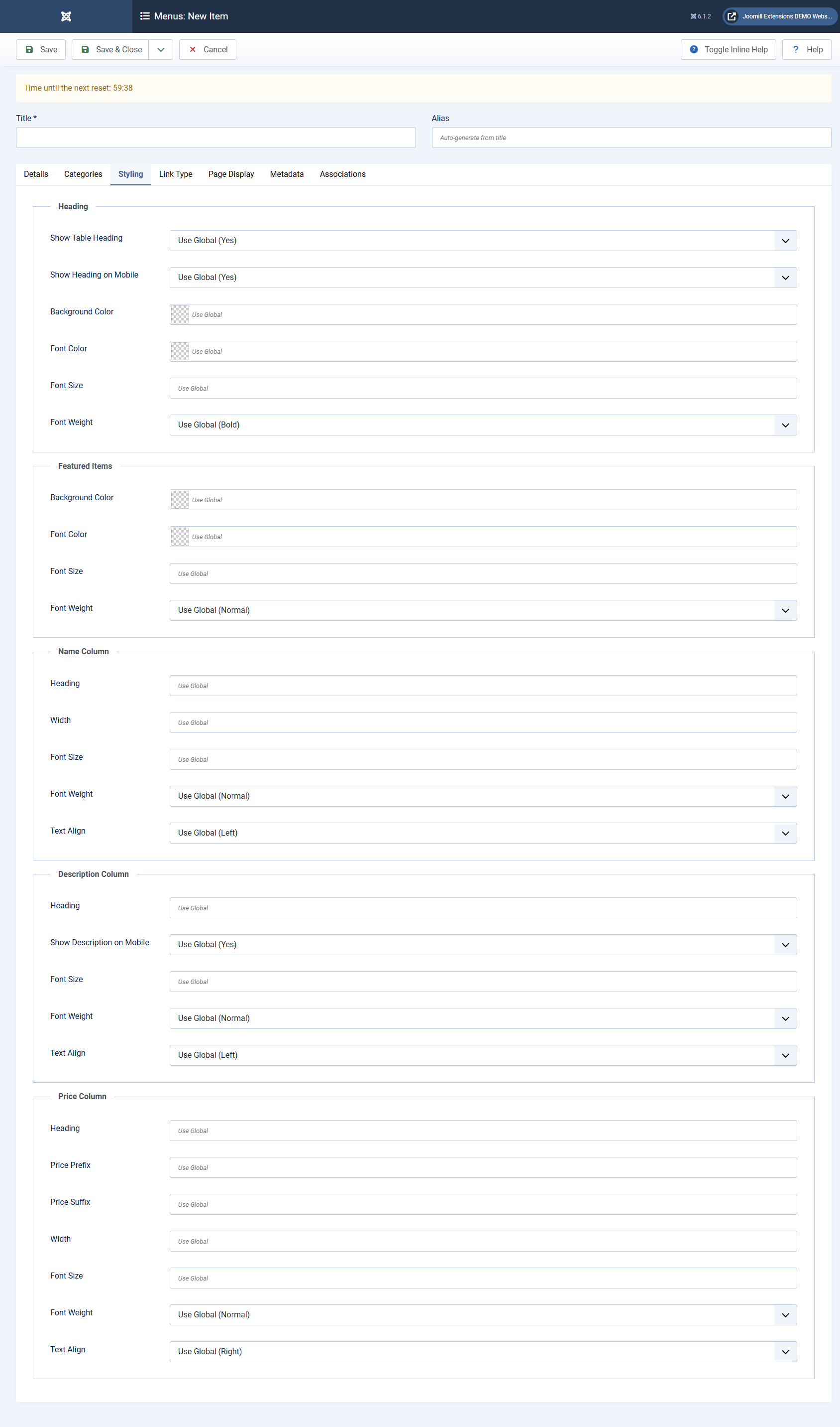 pricelist menu item styling
