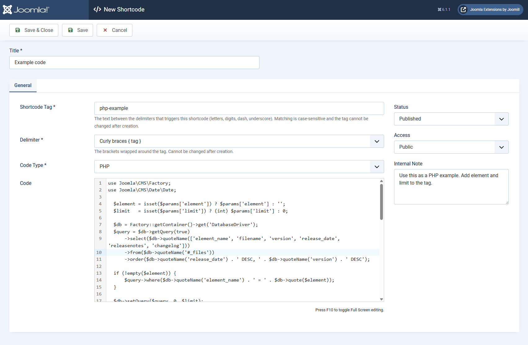 Shortcode edit screen with Title, Tag, Delimiter, Type, the CodeMirror editor, Access, Status and Internal Note