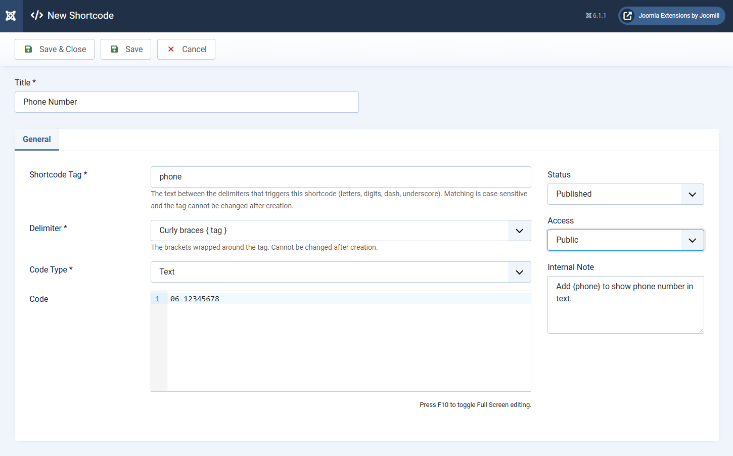 Backend list of shortcodes with Title, Tag, Delimiter, Type, Access and Status columns