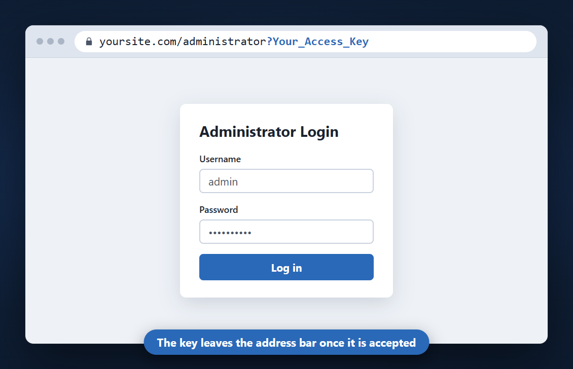 Browser with the secret key in the administrator address and the Joomla login form visible