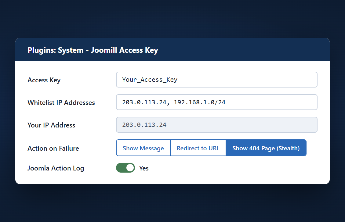 Access Key plugin settings with the key, the IP whitelist and the action on failure