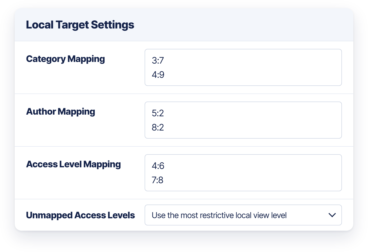 The category mapping, author mapping and access level mapping, and the choice for unmapped access levels