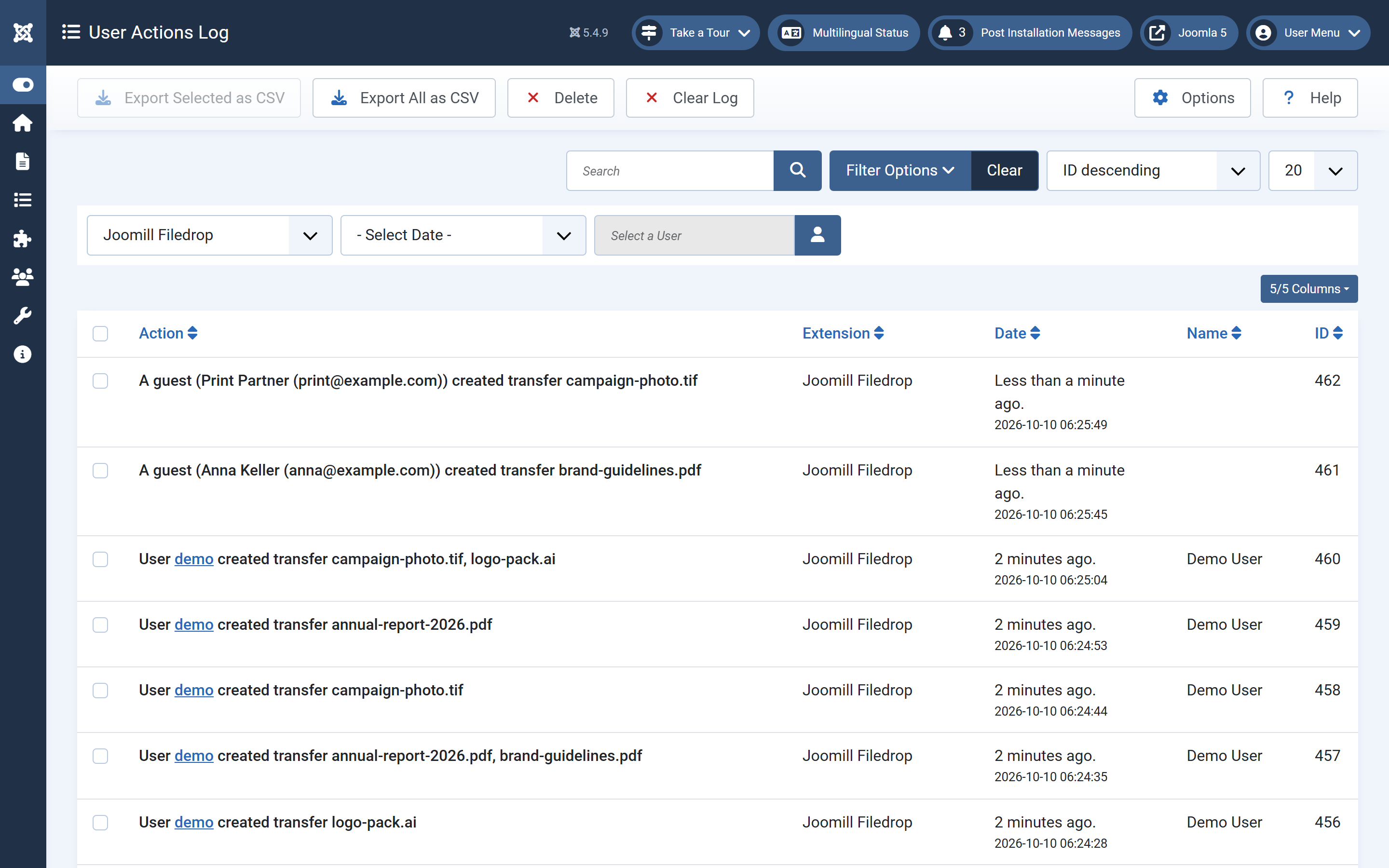Filedrop entries in the Joomla User Actions Log