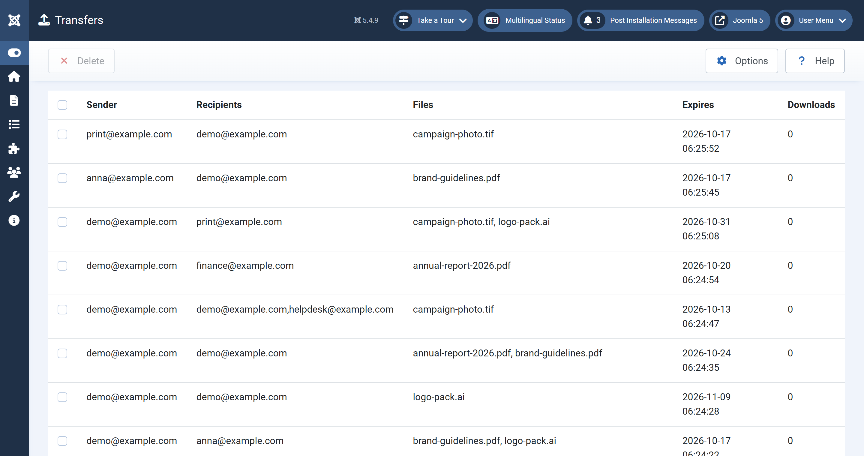 Transfers overview in the Joomla administrator