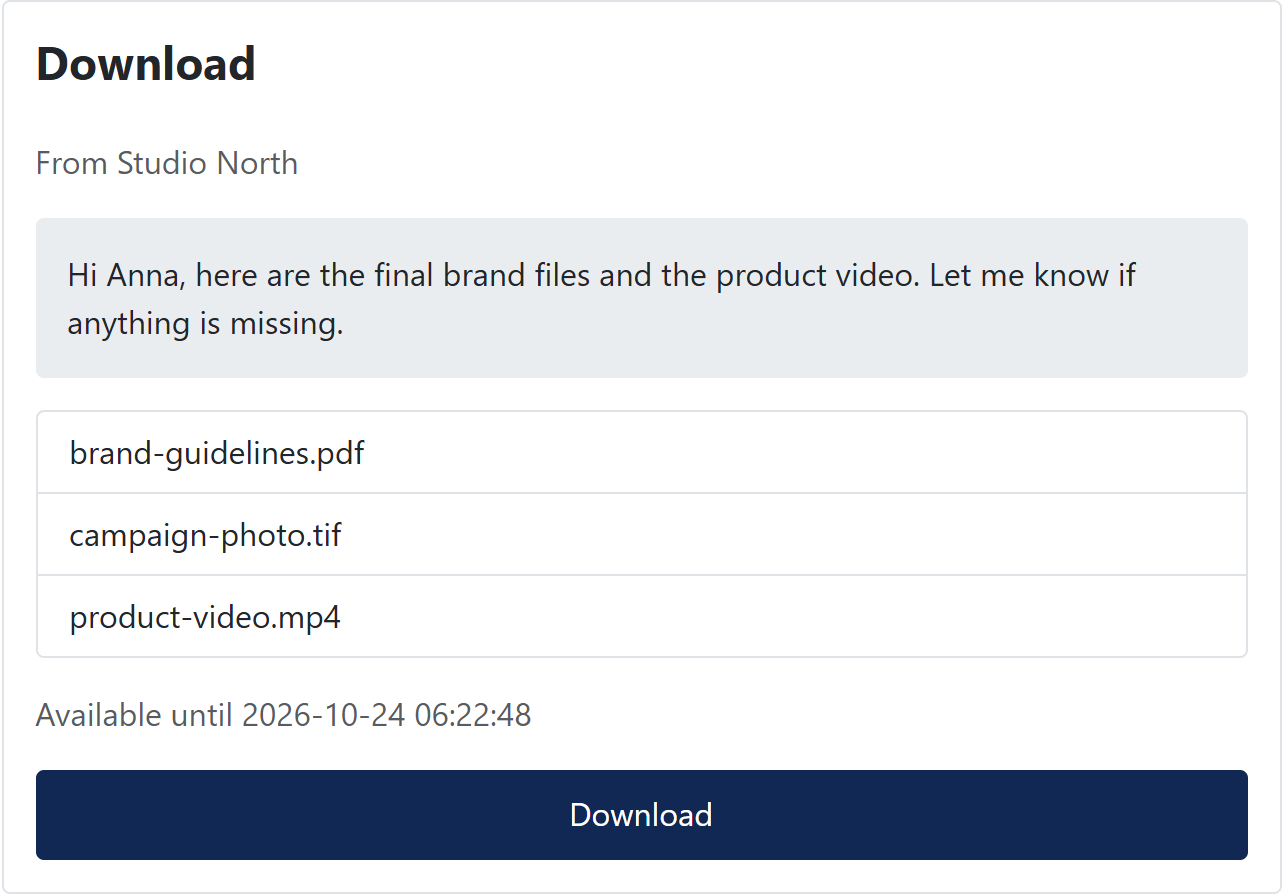 Filedrop download page listing the files of a transfer