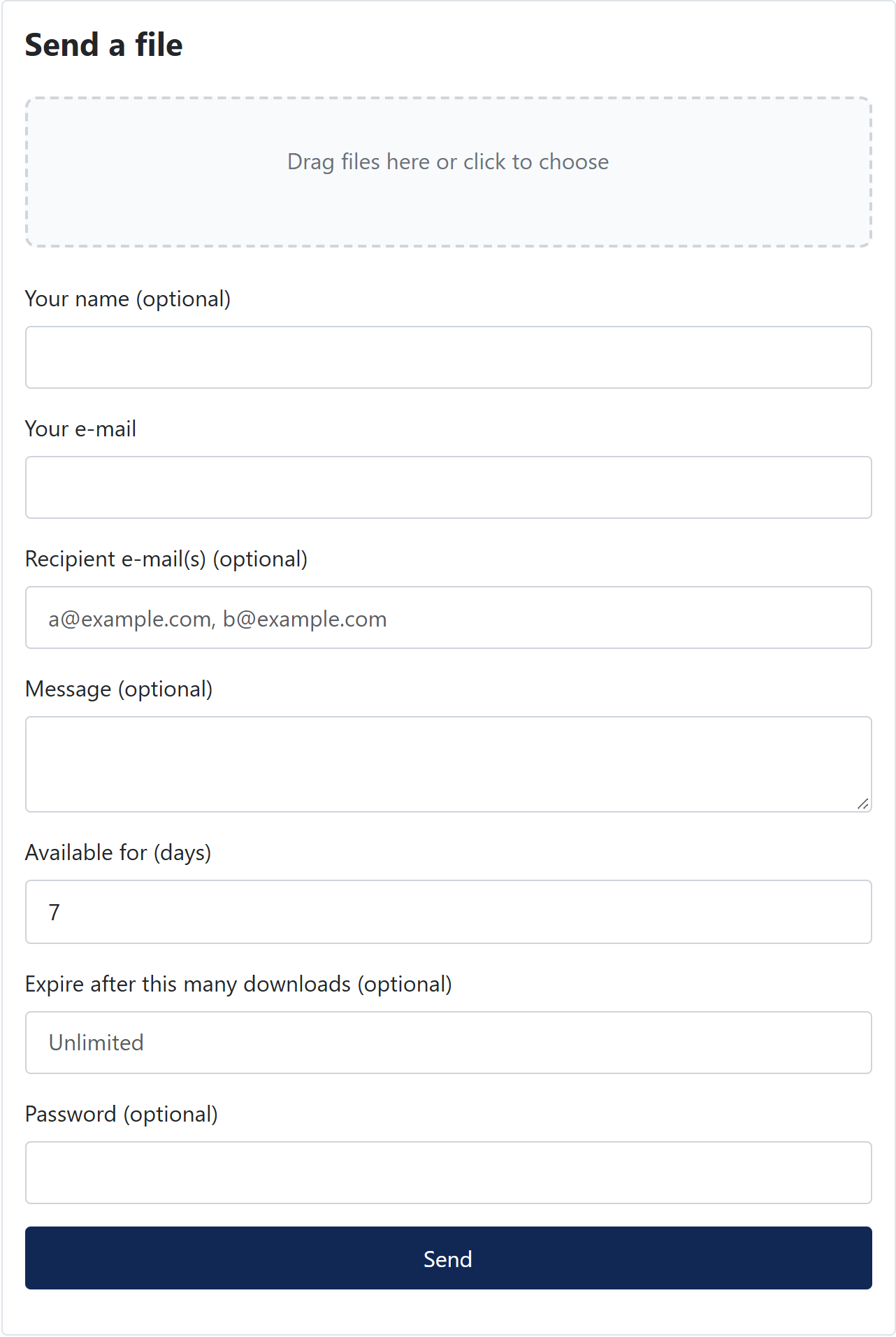 Filedrop upload form with every field enabled