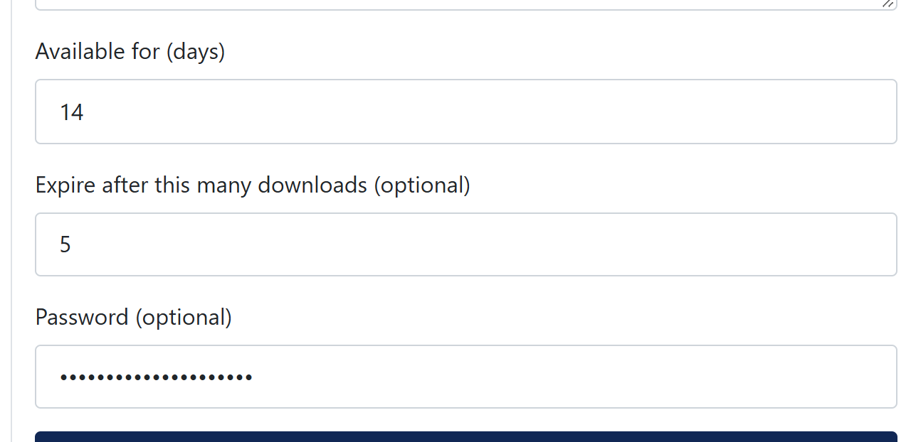 Password, expiry and download limit on the Filedrop upload form