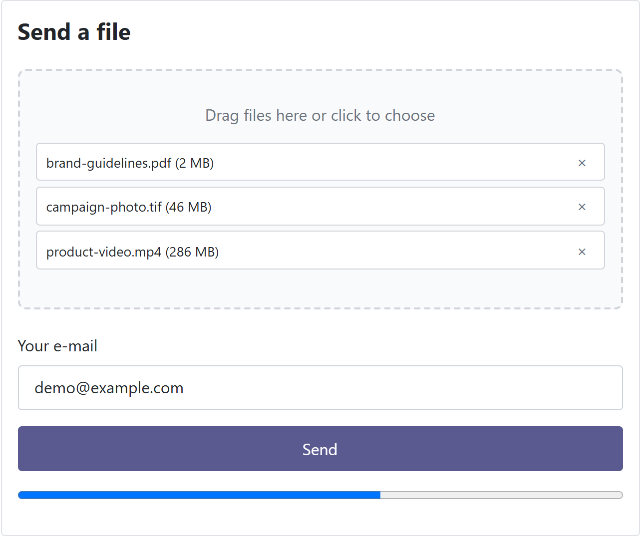 Filedrop upload form with three files and a progress bar