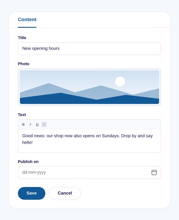 The same form with a News profile: Title, Photo, Text and Publish on