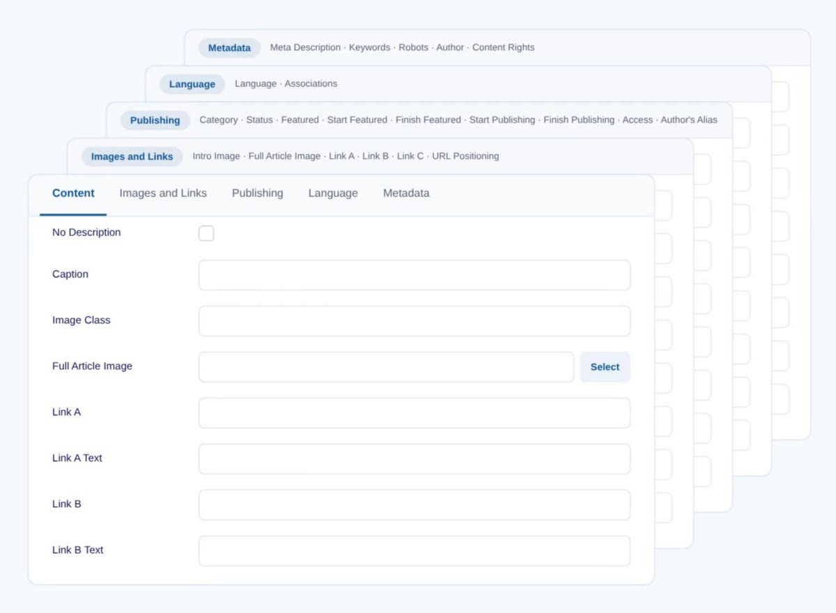 The standard Joomla site form with five tabs and dozens of fields