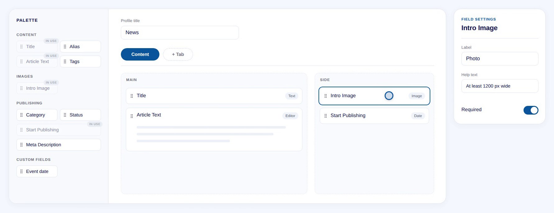The profile builder with a field palette, tabs, a main and side column and field settings