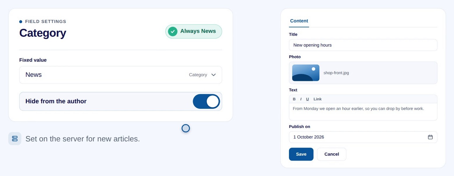 Field settings for Category with Hide from the author switched on, next to the News form without a Category field
