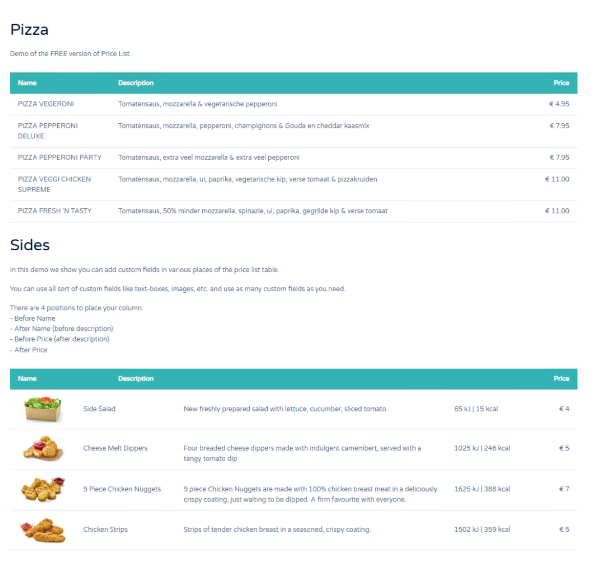 Joomla Price List Component preview with categories, items and prices