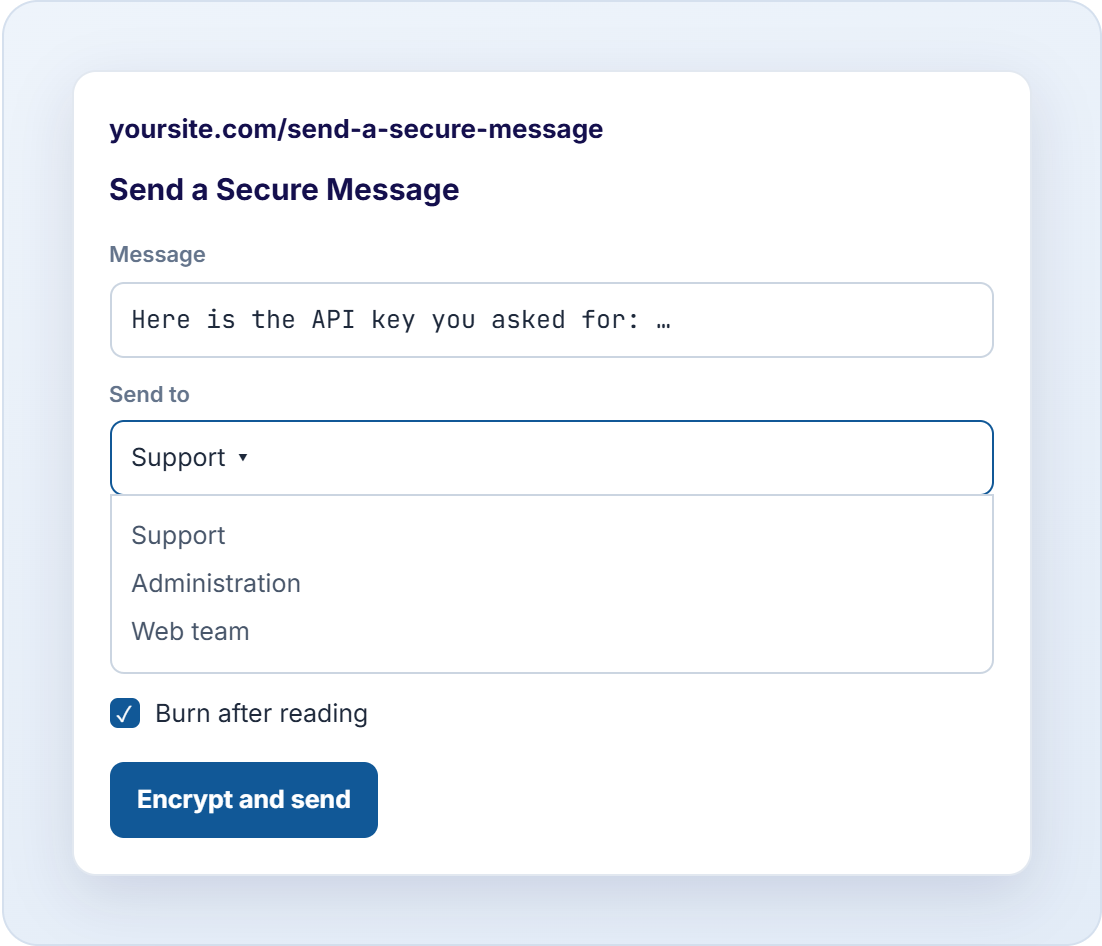 The public Send a Secure Message form on a website with a list of recipients