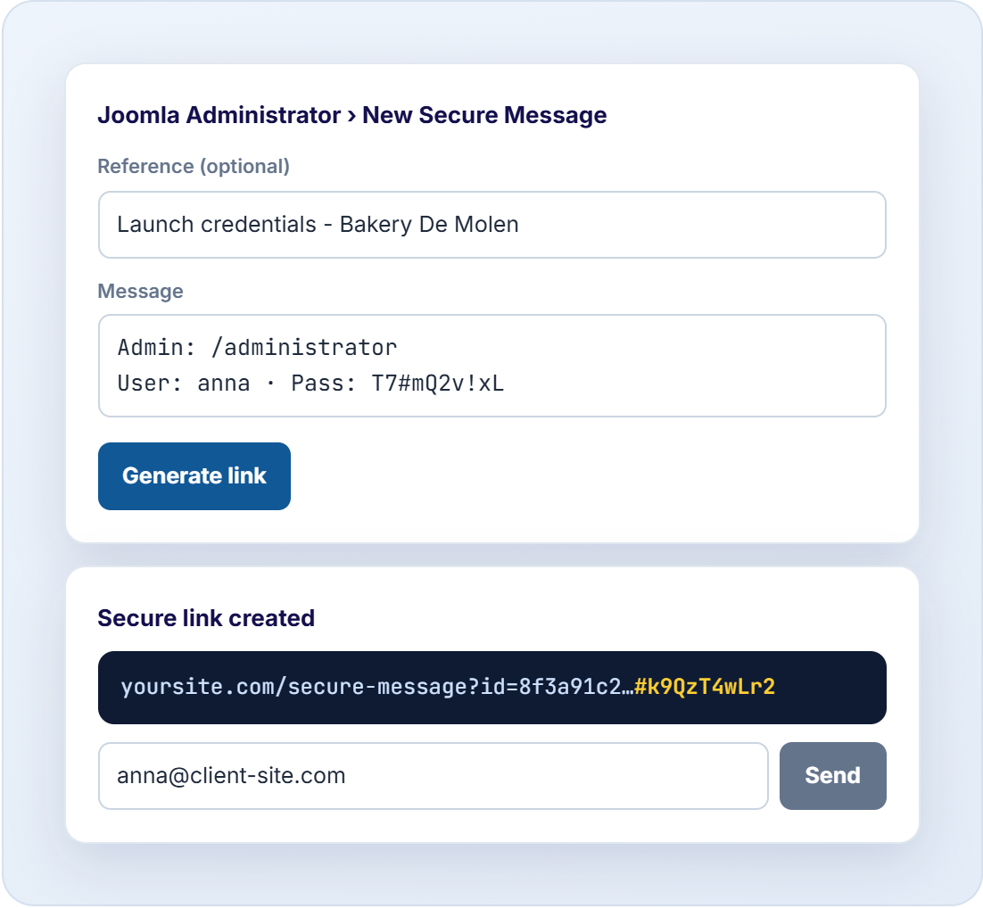 The New Secure Message screen in the Joomla administrator with the generated one-time link