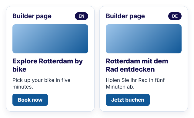 A YOOtheme Pro builder page in English and in German with the same layout, image and button