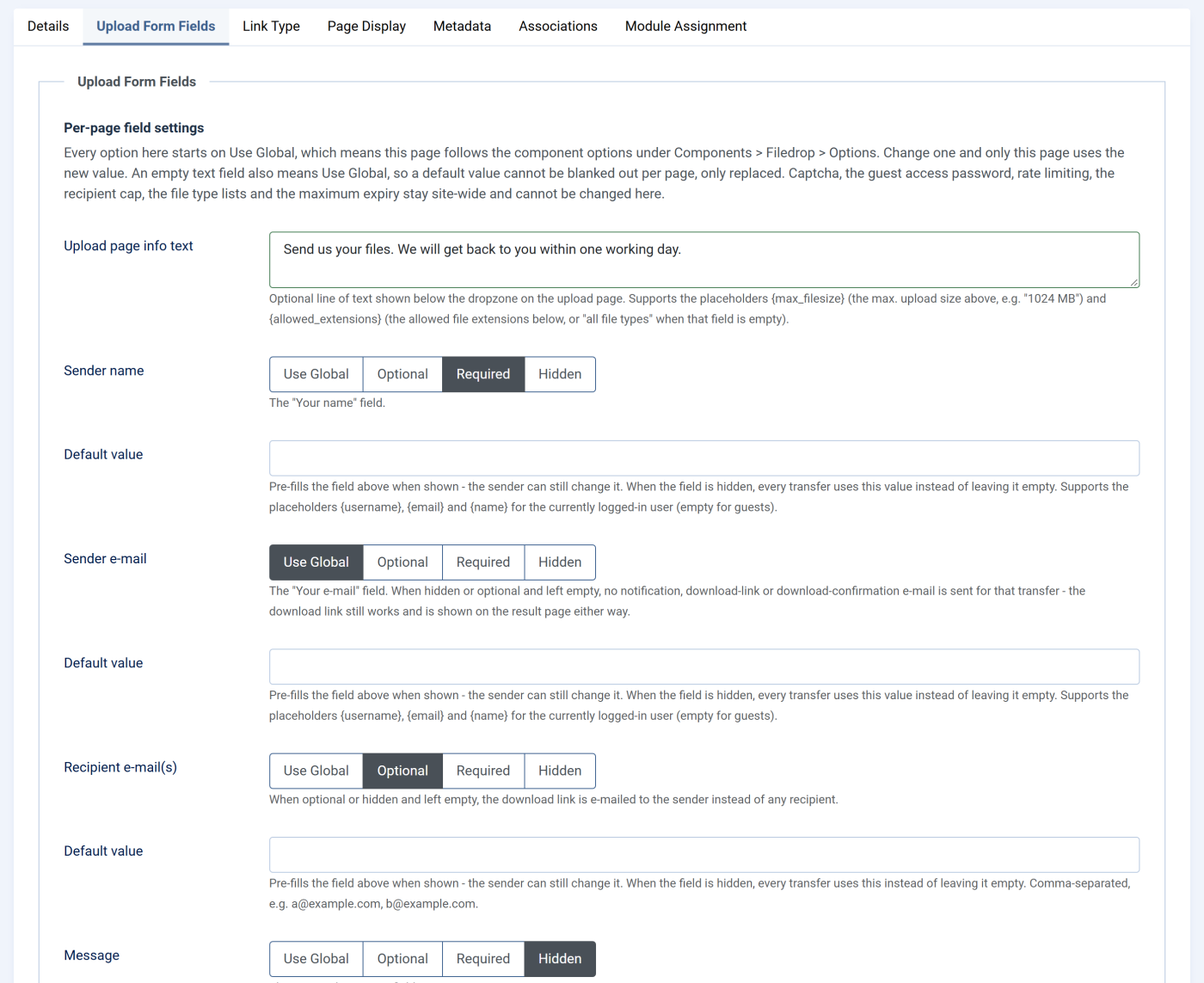 Upload form field settings per menu item